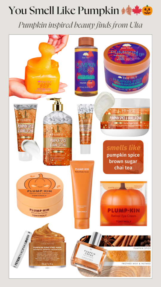 Collage of pumpkin inspired beauty products from Ulta.